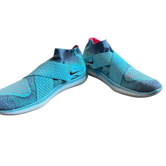 Nike Free RN Motion Flyknit Sz 8 Running Shoes Blue Aqua Red Slip-On - Picture 4 of 8